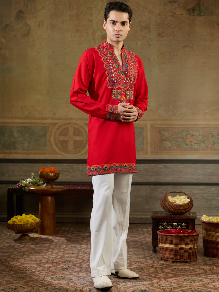 Precious Red Thread Work Viscose Rayon Navratri Wear Men's Kurta