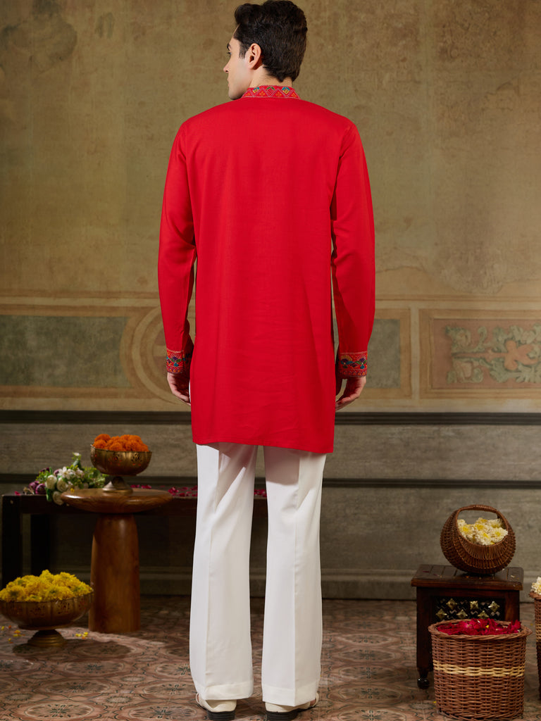 Precious Red Thread Work Viscose Rayon Navratri Wear Men's Kurta