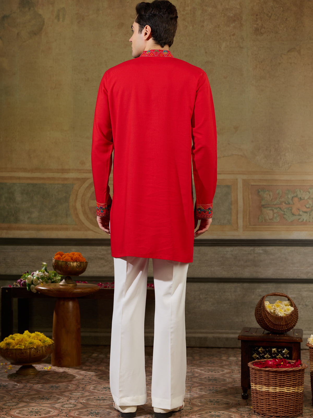 Precious Red Thread Work Viscose Rayon Navratri Wear Men's Kurta