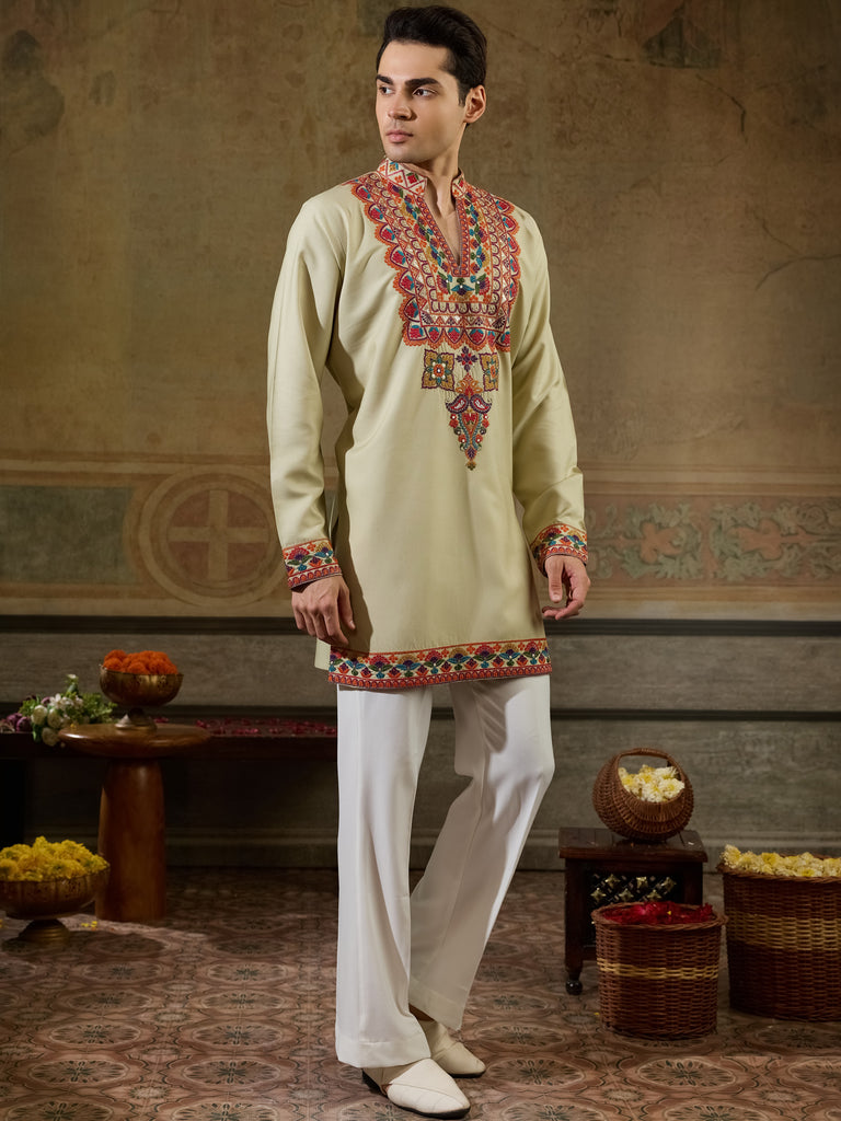 Glowing Cream Sequins Viscose Rayon Navratri Wear Men's Kurta