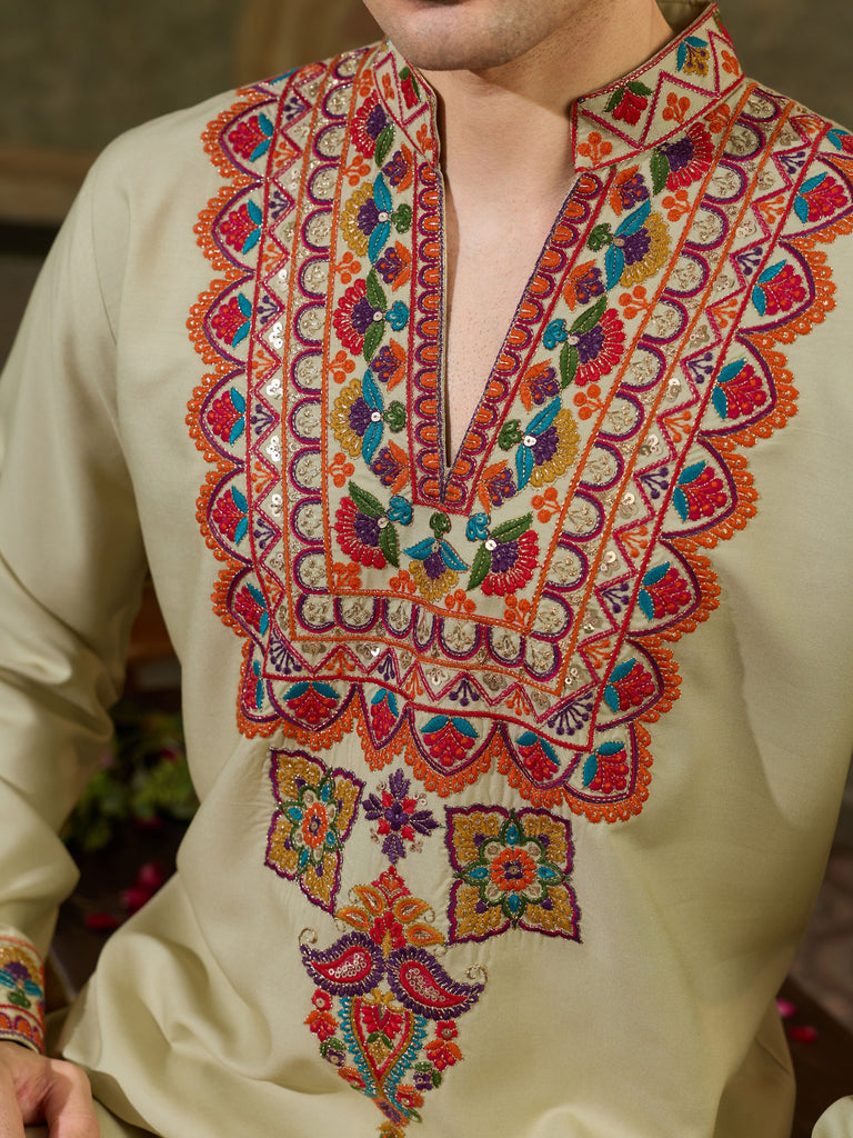 Glowing Cream Sequins Viscose Rayon Navratri Wear Men's Kurta