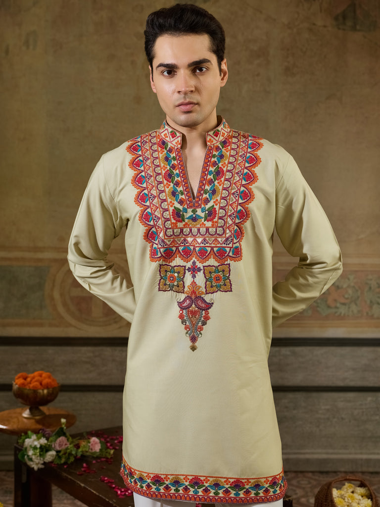 Glowing Cream Sequins Viscose Rayon Navratri Wear Men's Kurta