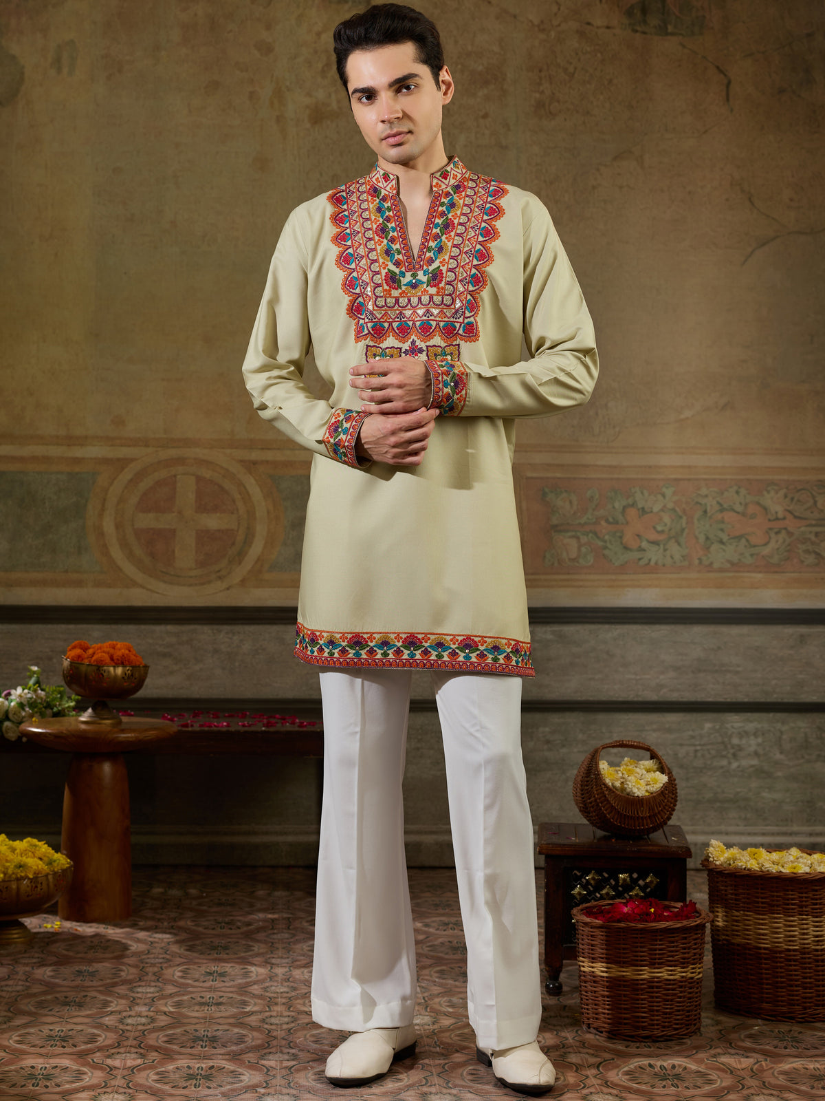 Glowing Cream Sequins Viscose Rayon Navratri Wear Men's Kurta