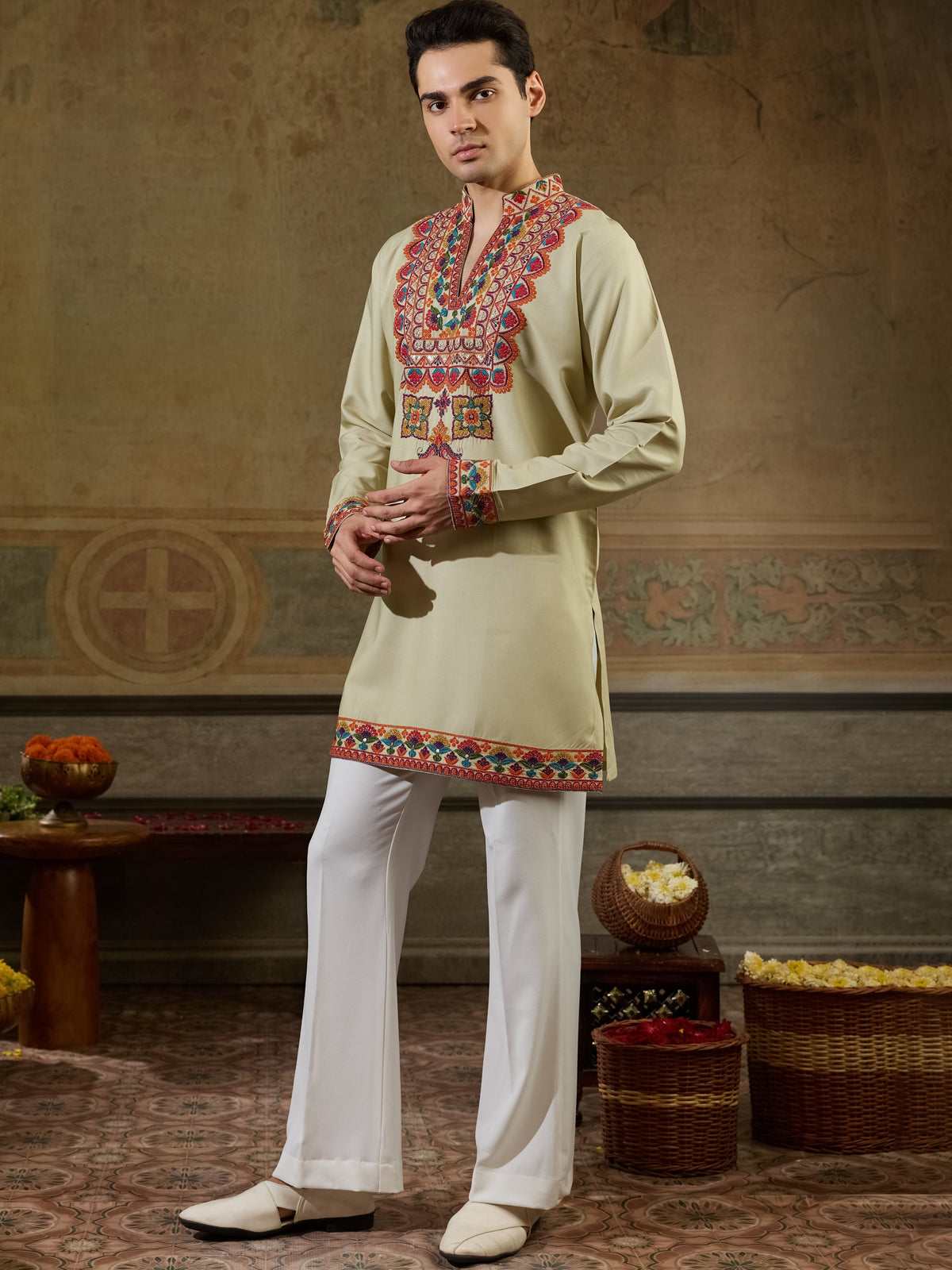 Glowing Cream Sequins Viscose Rayon Navratri Wear Men's Kurta