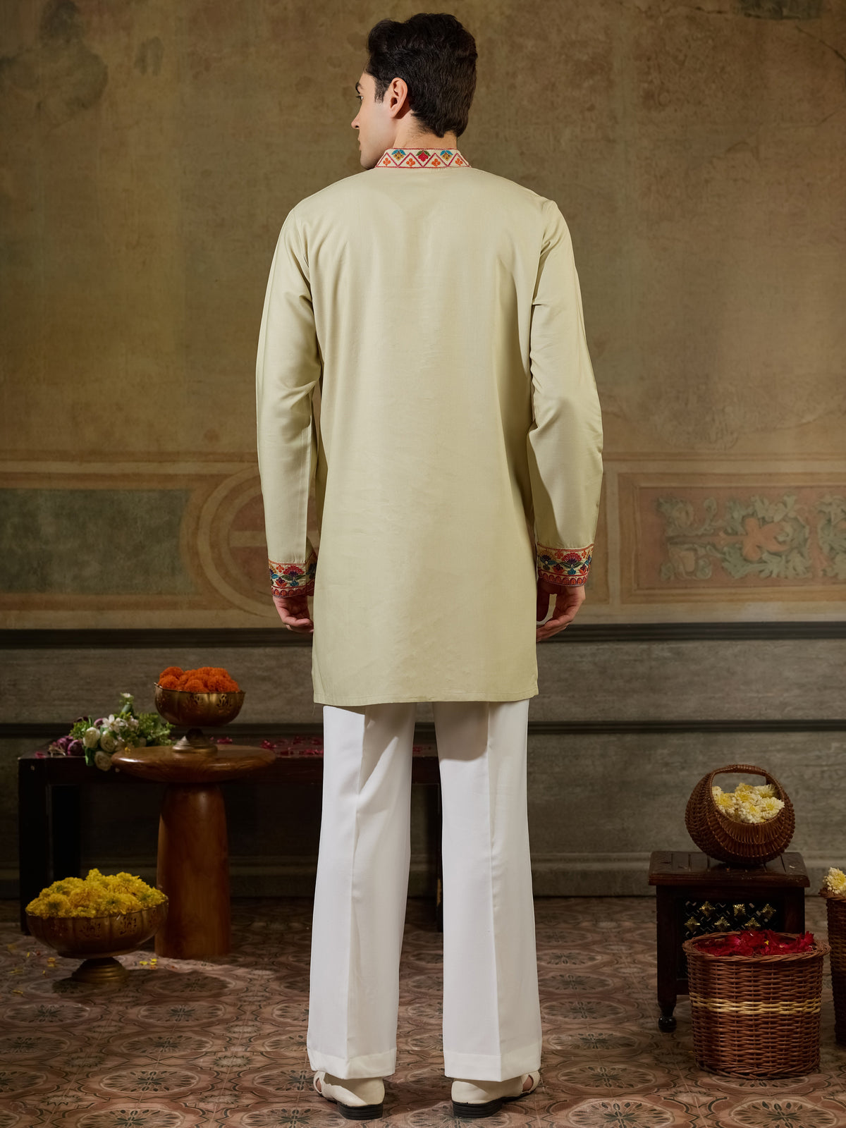 Glowing Cream Sequins Viscose Rayon Navratri Wear Men's Kurta