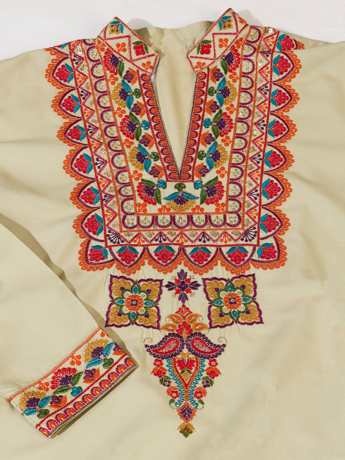 Glowing Cream Sequins Viscose Rayon Navratri Wear Men's Kurta