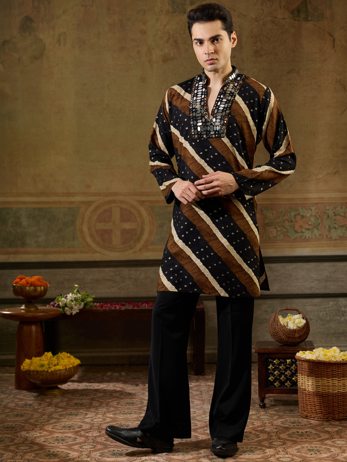 Classic Black Leheriya Printed Rayon Navratri Special Men's Kurta