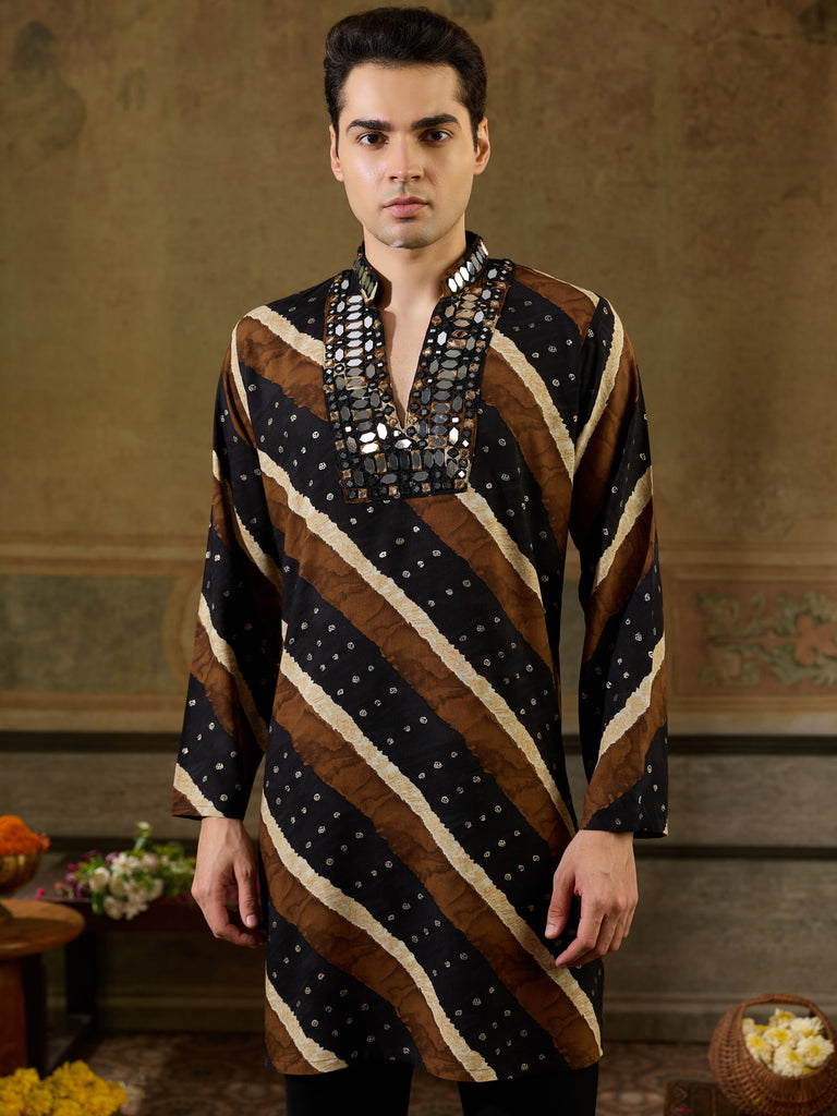 Classic Black Leheriya Printed Rayon Navratri Special Men's Kurta