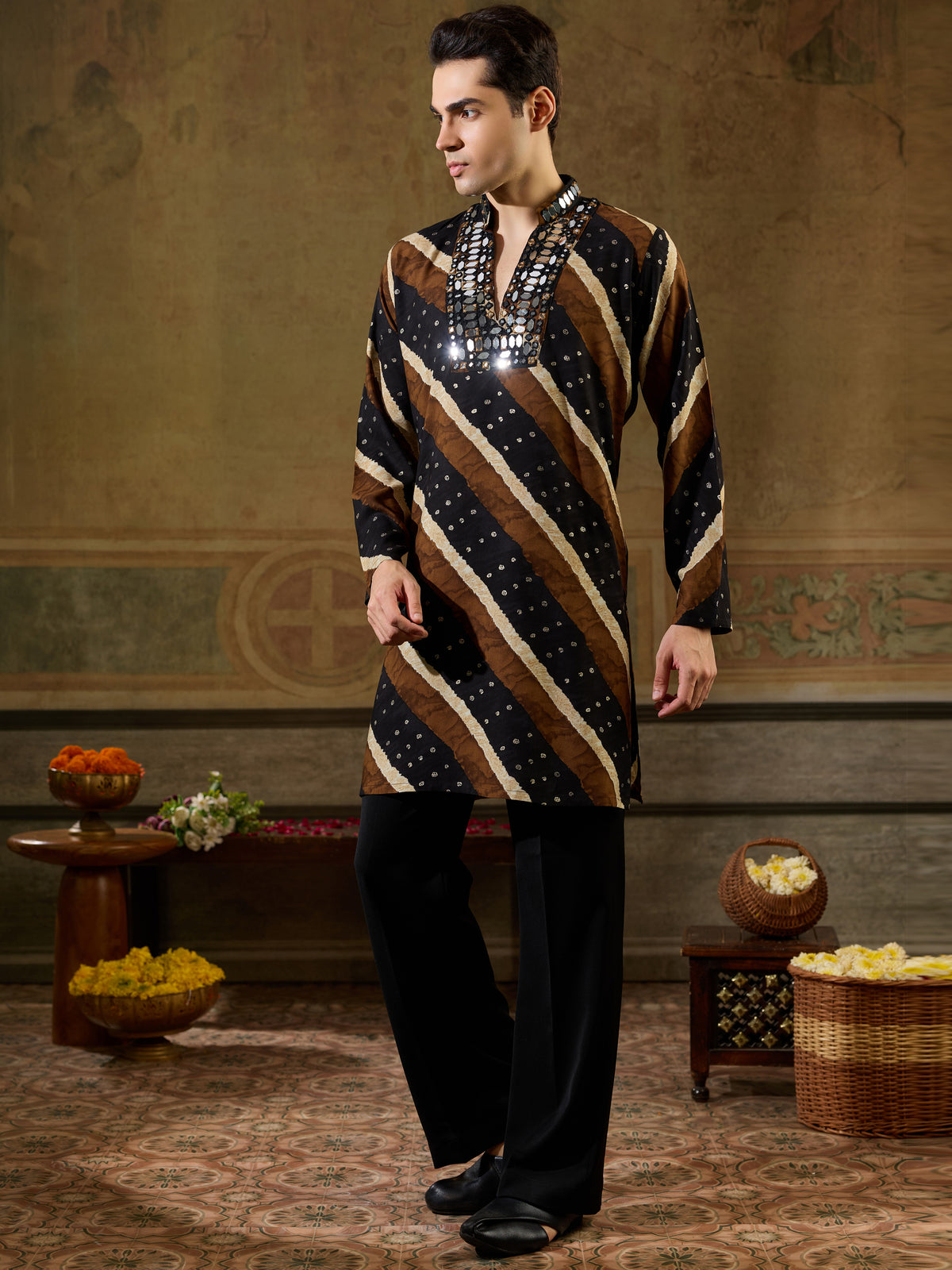 Classic Black Leheriya Printed Rayon Navratri Special Men's Kurta