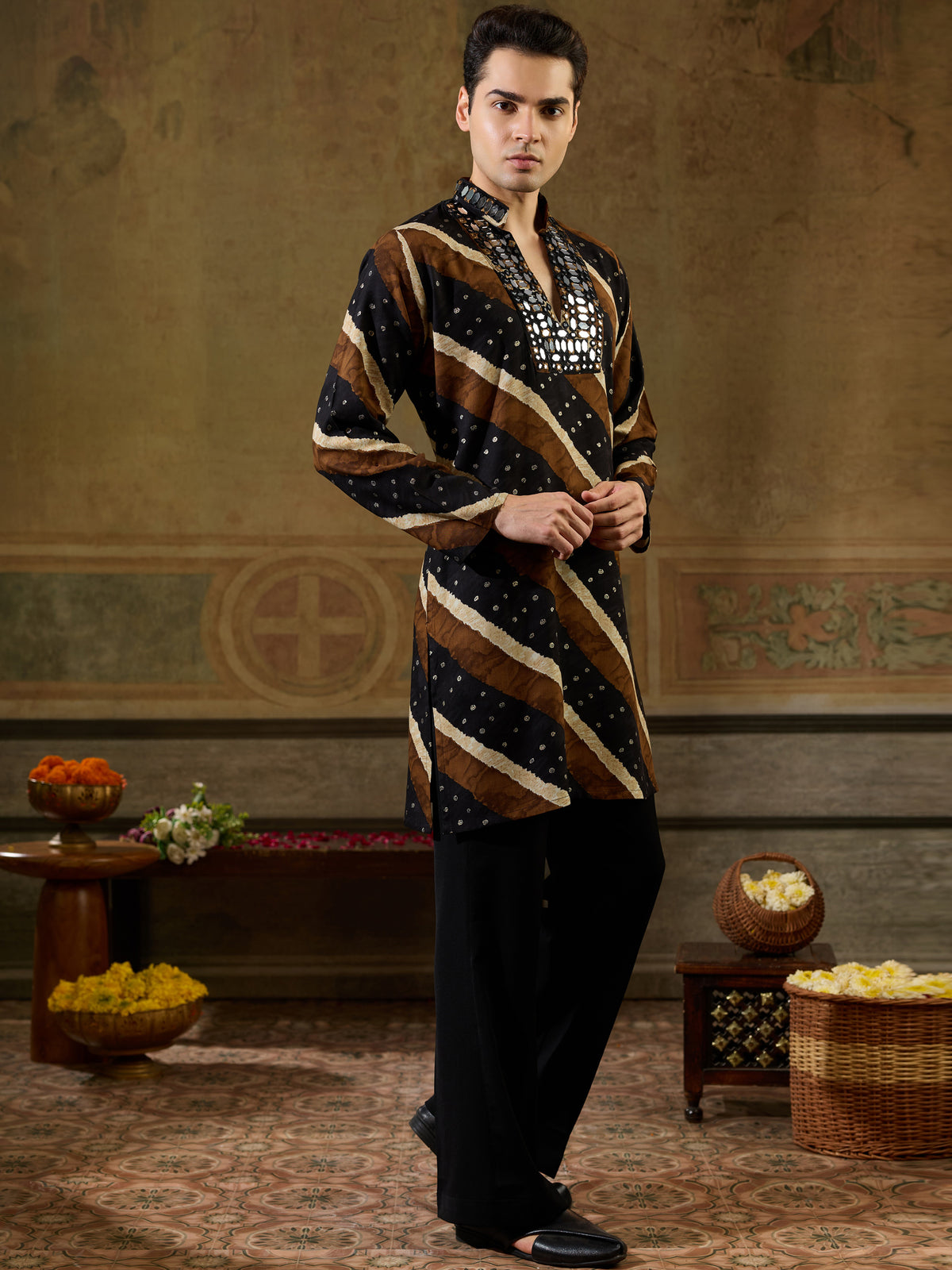 Classic Black Leheriya Printed Rayon Navratri Special Men's Kurta