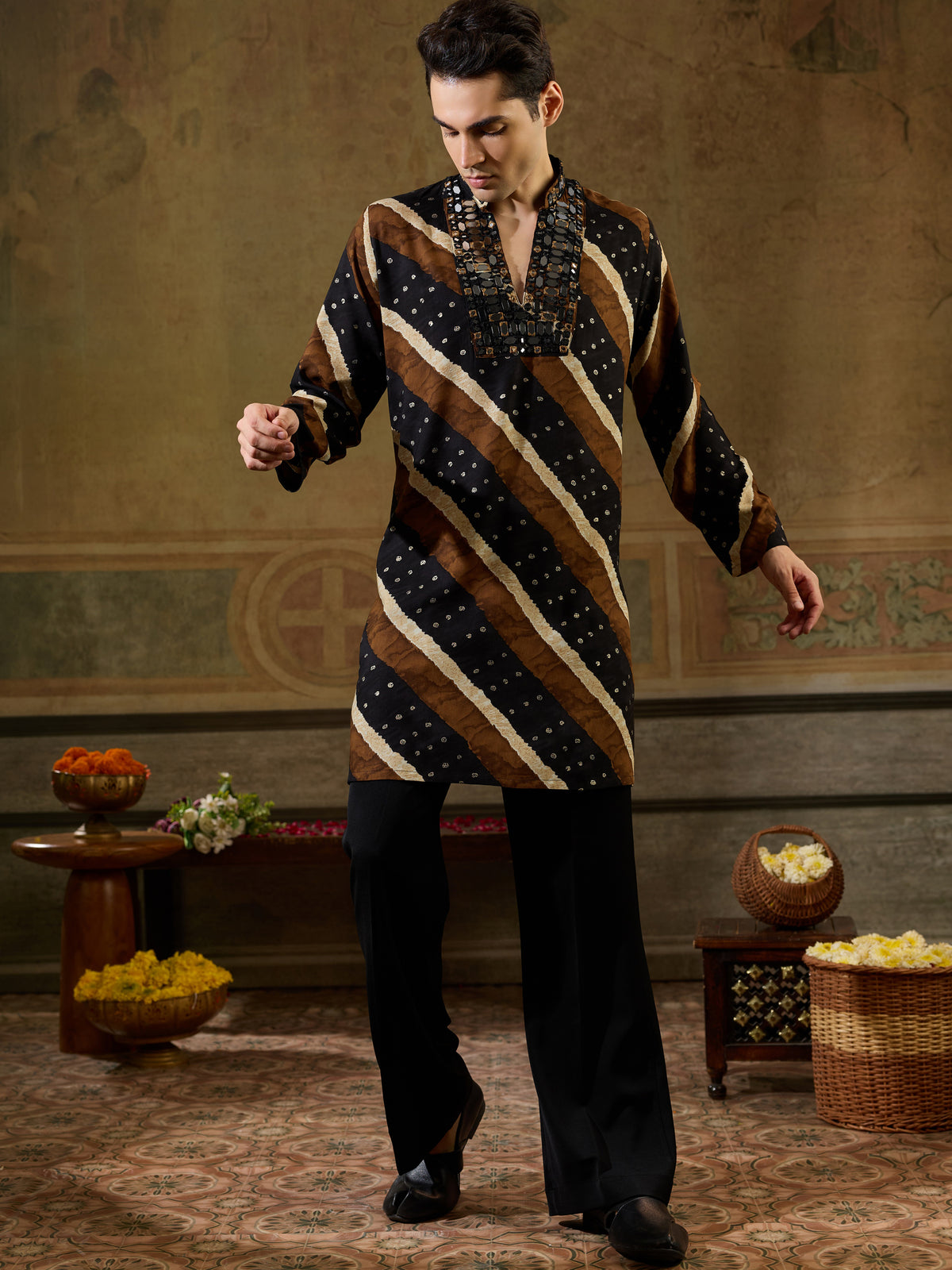 Classic Black Leheriya Printed Rayon Navratri Special Men's Kurta