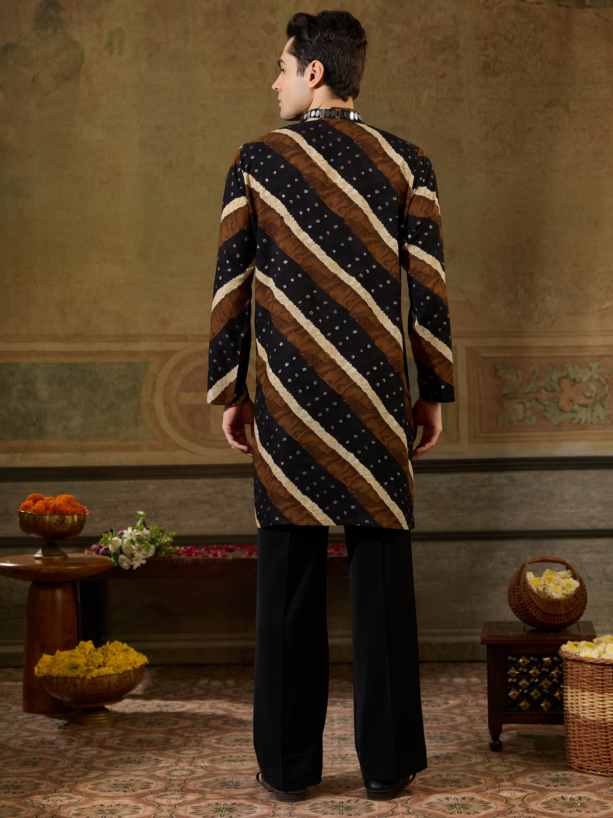 Classic Black Leheriya Printed Rayon Navratri Special Men's Kurta