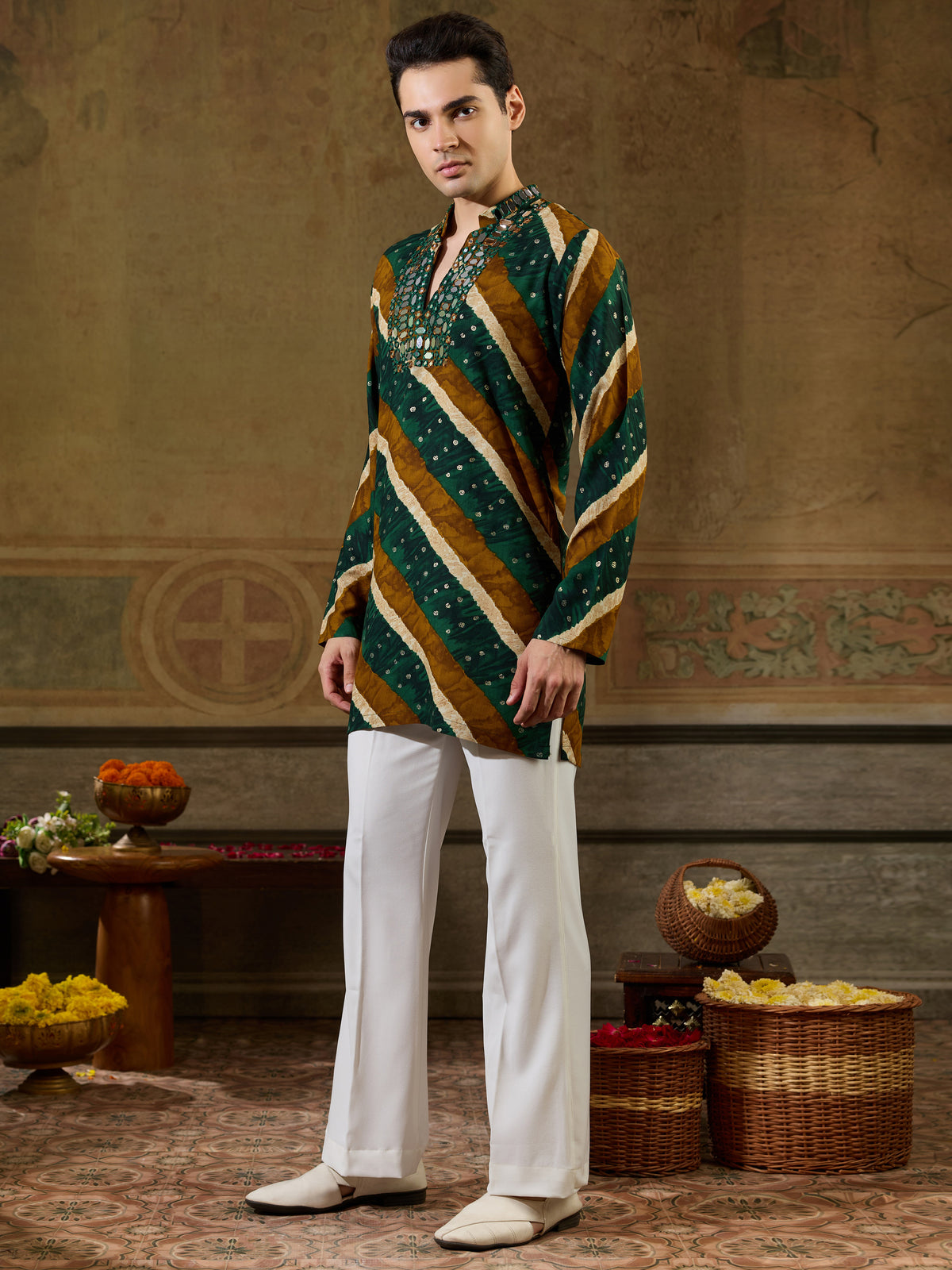Stylish Green Mirror Work Rayon Navratri Special Men's Kurta