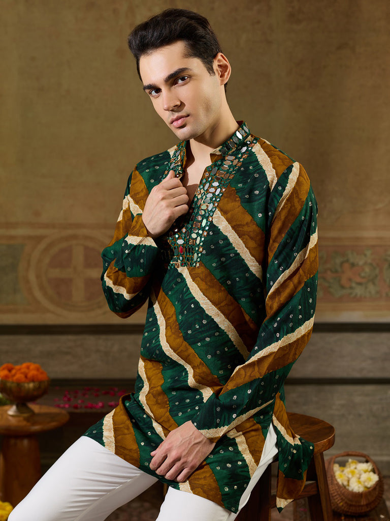 Stylish Green Mirror Work Rayon Navratri Special Men's Kurta