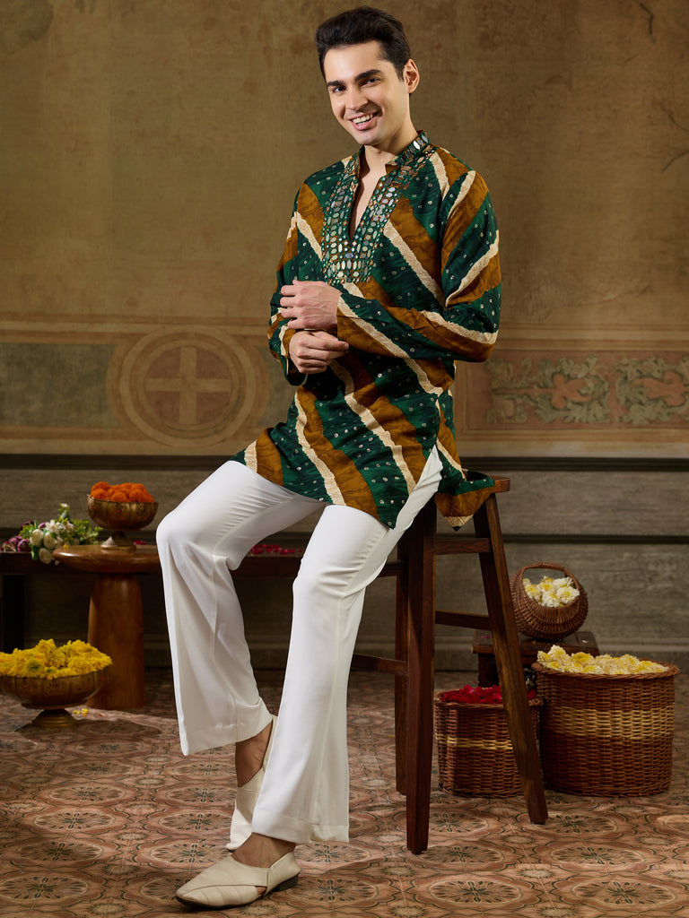 Stylish Green Mirror Work Rayon Navratri Special Men's Kurta