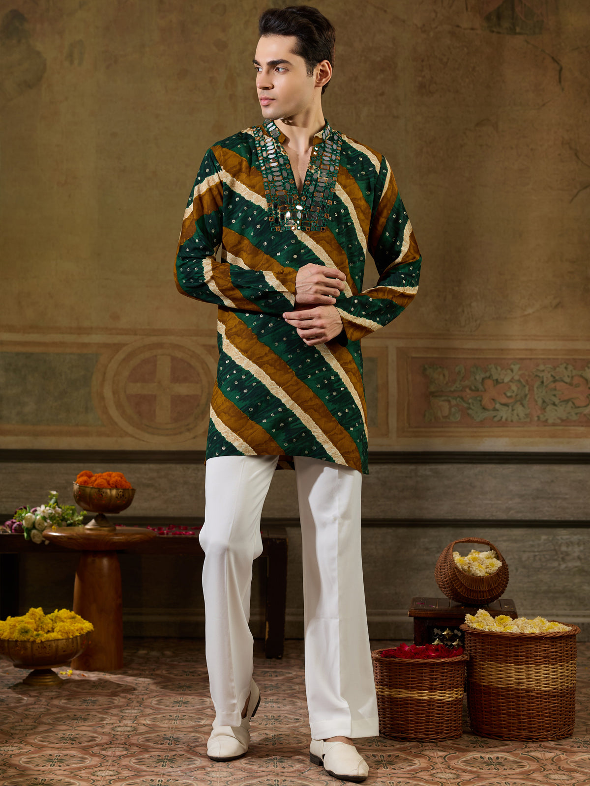 Stylish Green Mirror Work Rayon Navratri Special Men's Kurta