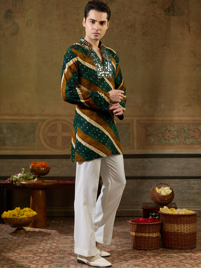 Stylish Green Mirror Work Rayon Navratri Special Men's Kurta