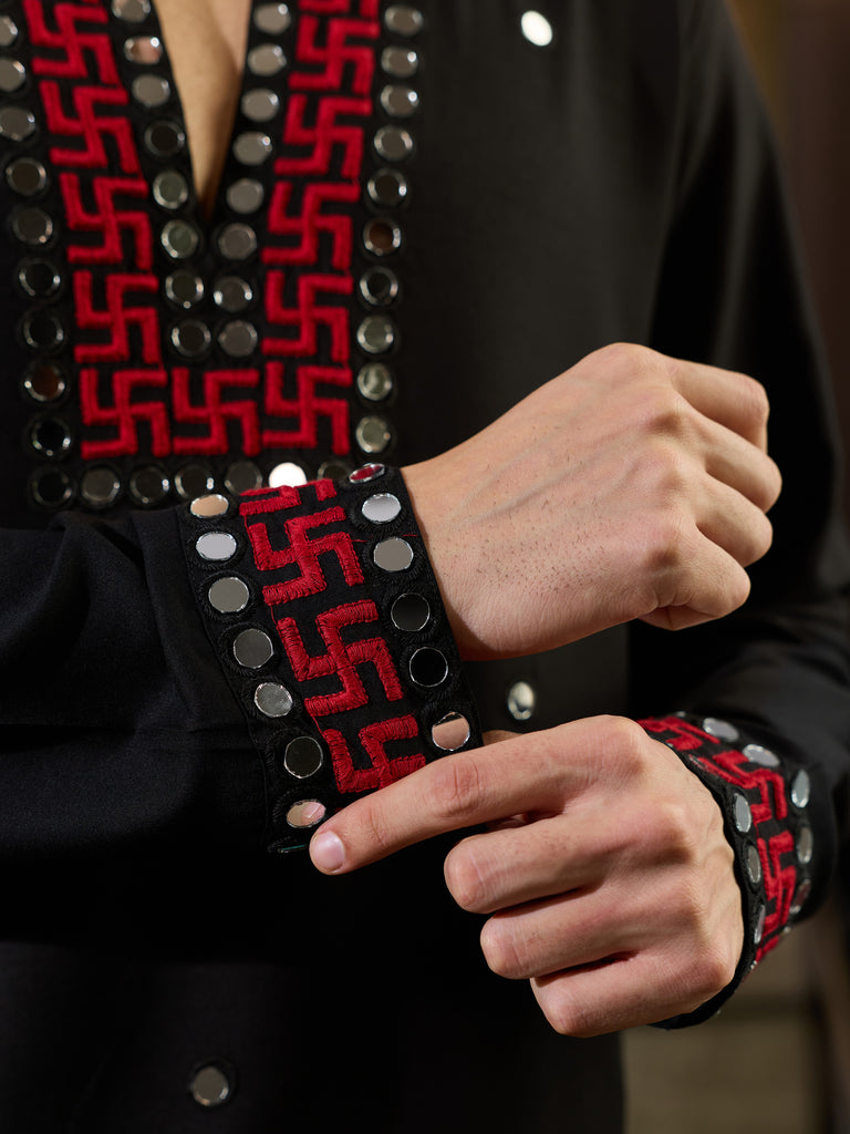 Stunning Black Thread Work Viscose Rayon Navratri Special Men's Kurta