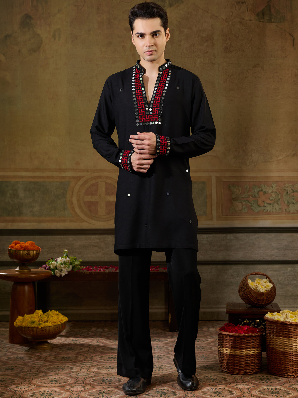 Stunning Black Thread Work Viscose Rayon Navratri Special Men's Kurta