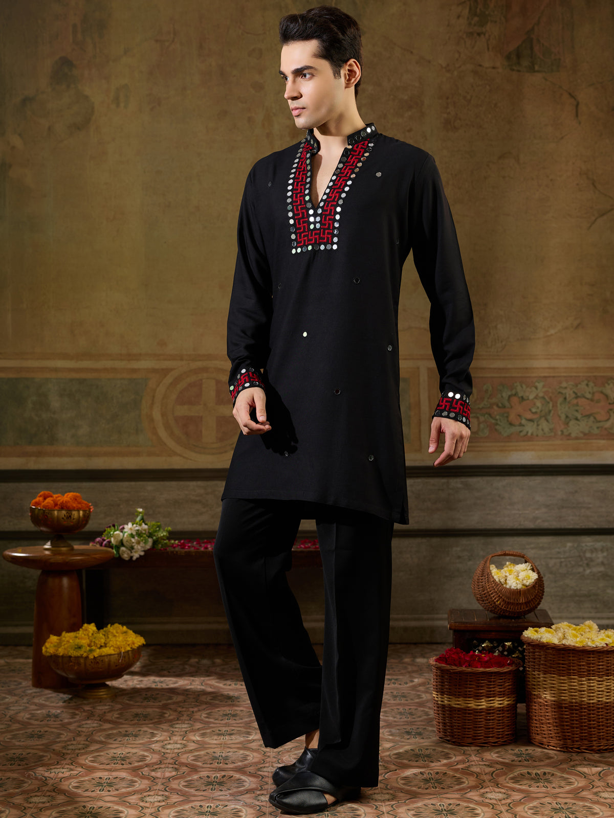Stunning Black Thread Work Viscose Rayon Navratri Special Men's Kurta