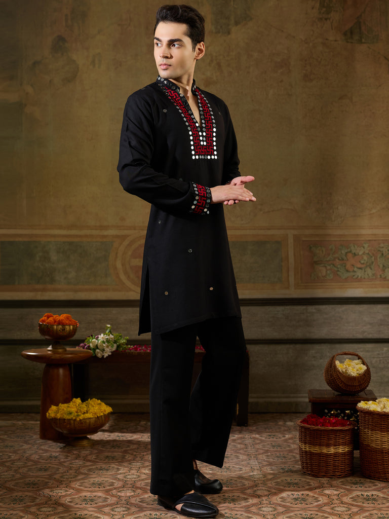 Stunning Black Thread Work Viscose Rayon Navratri Special Men's Kurta