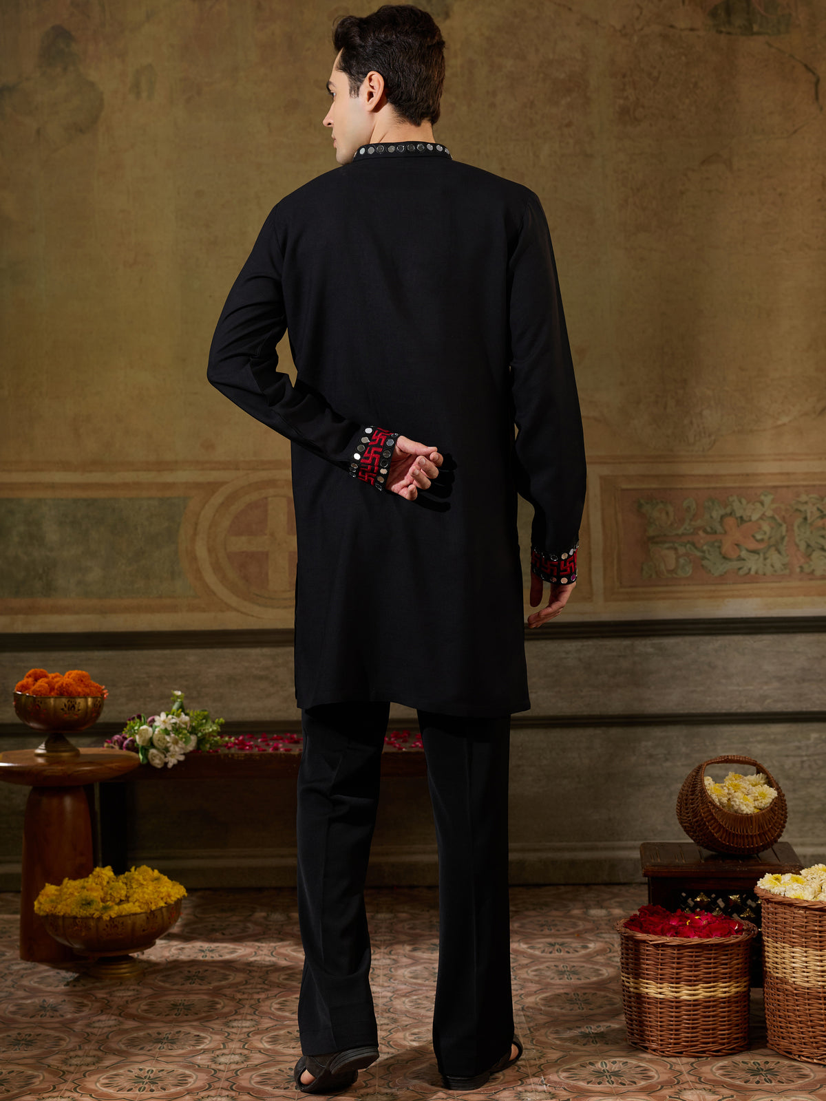Stunning Black Thread Work Viscose Rayon Navratri Special Men's Kurta
