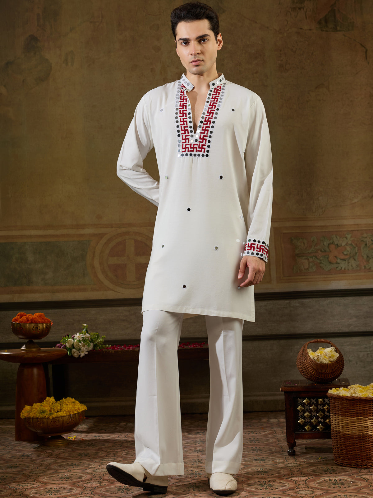 Alluring White Mirror Work Viscose Rayon Navratri Wear Men's Kurta