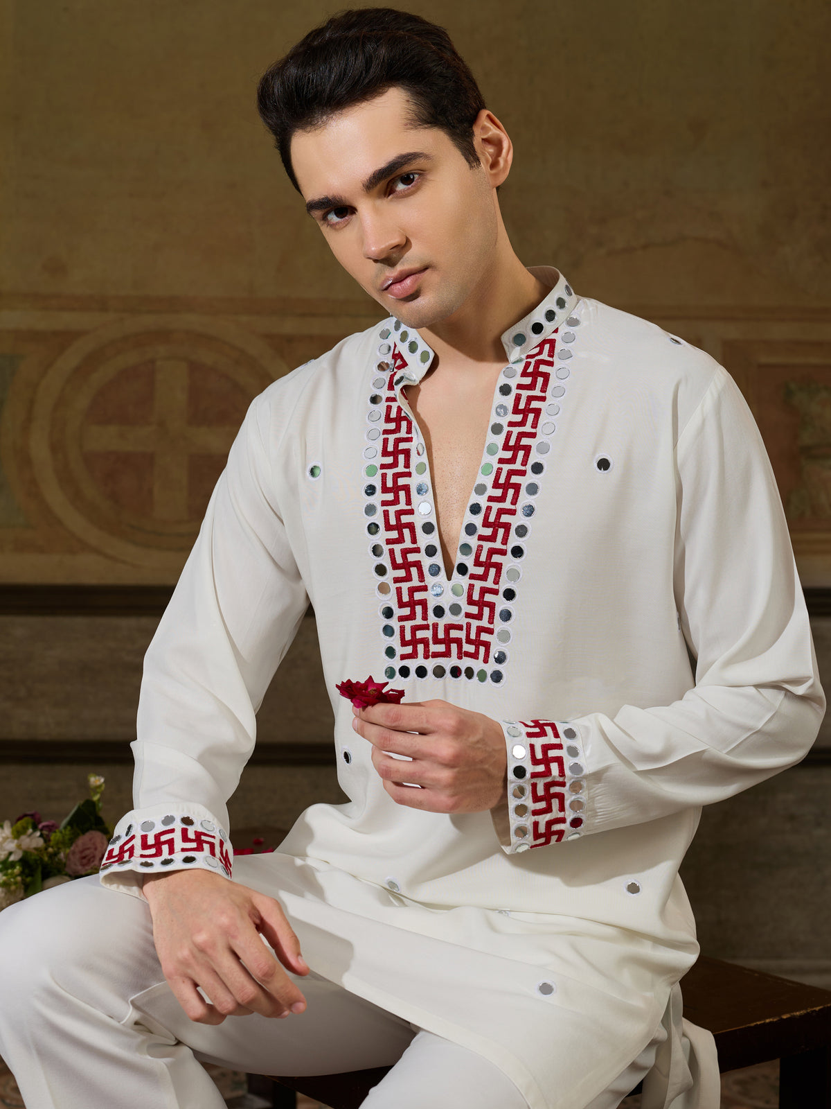 Alluring White Mirror Work Viscose Rayon Navratri Wear Men's Kurta