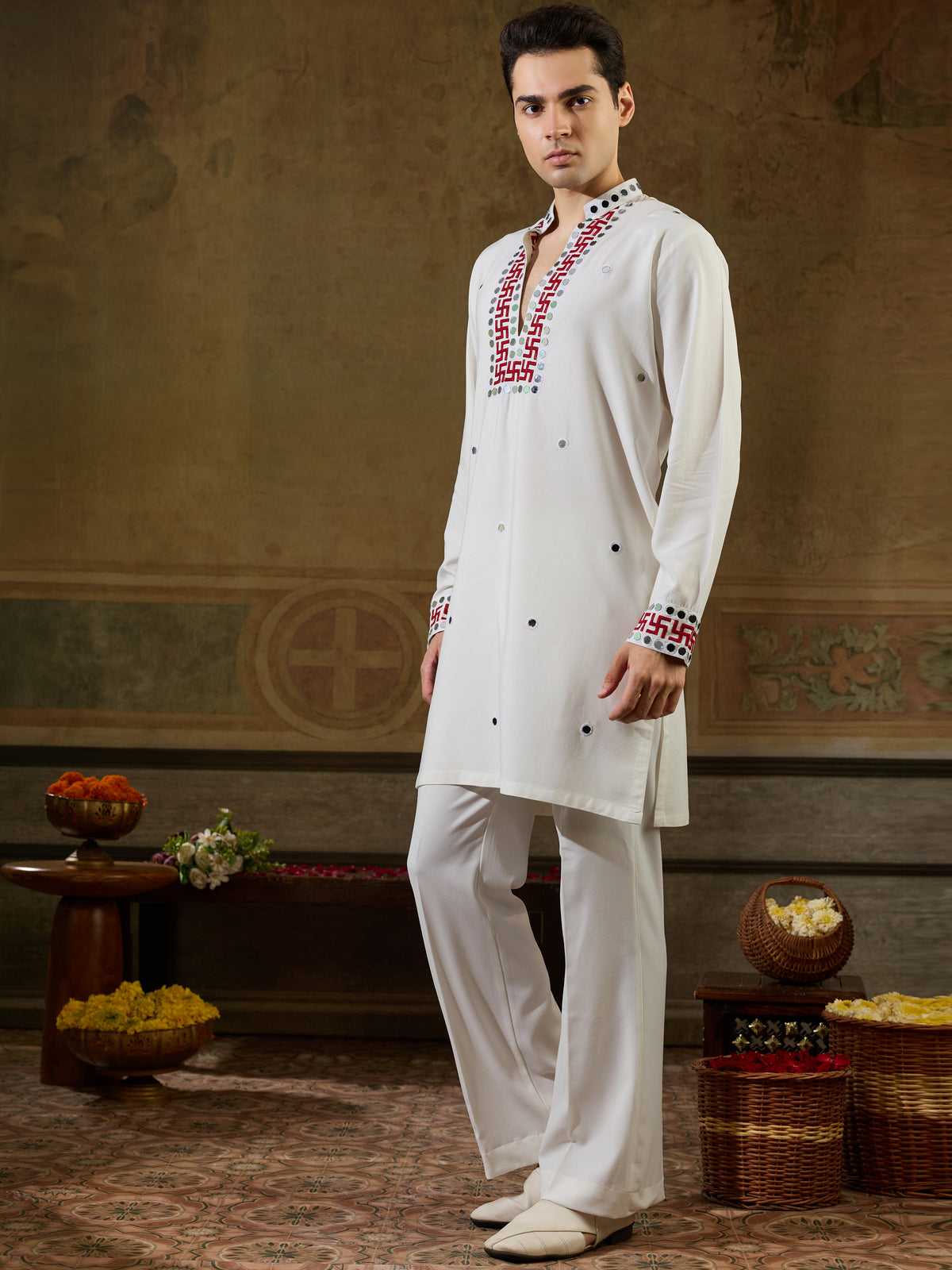 Alluring White Mirror Work Viscose Rayon Navratri Wear Men's Kurta