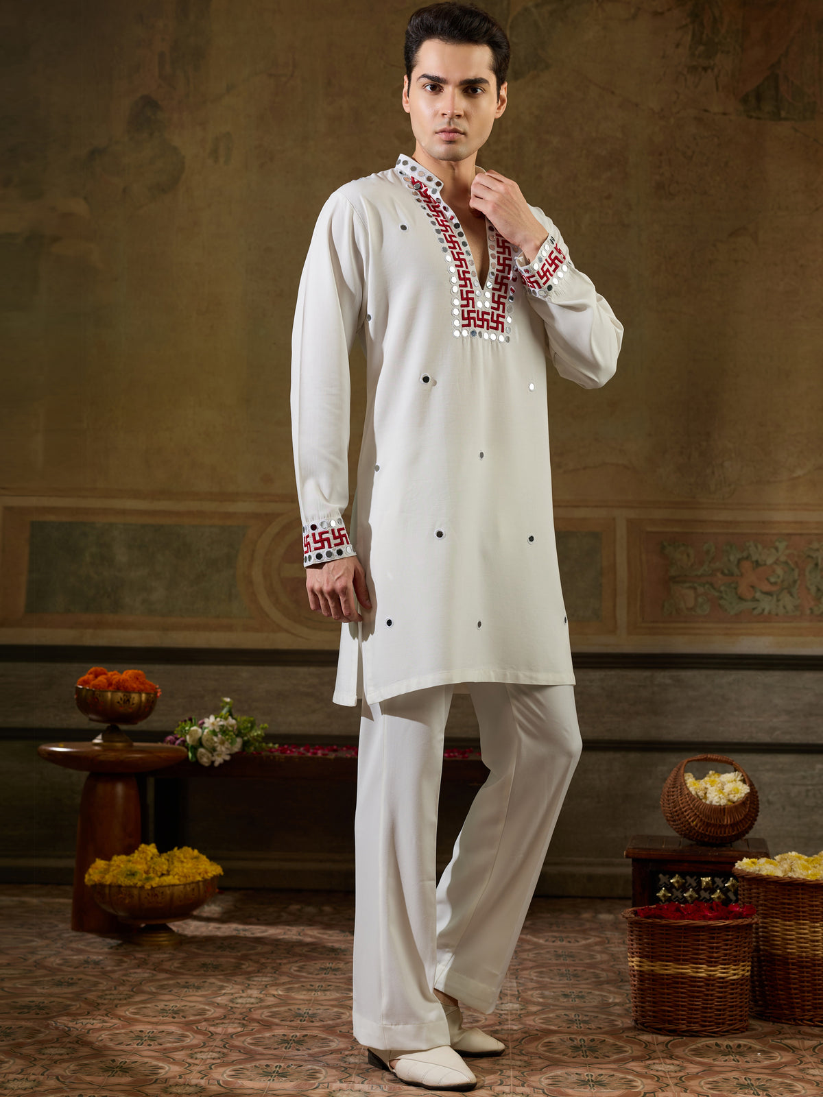 Alluring White Mirror Work Viscose Rayon Navratri Wear Men's Kurta