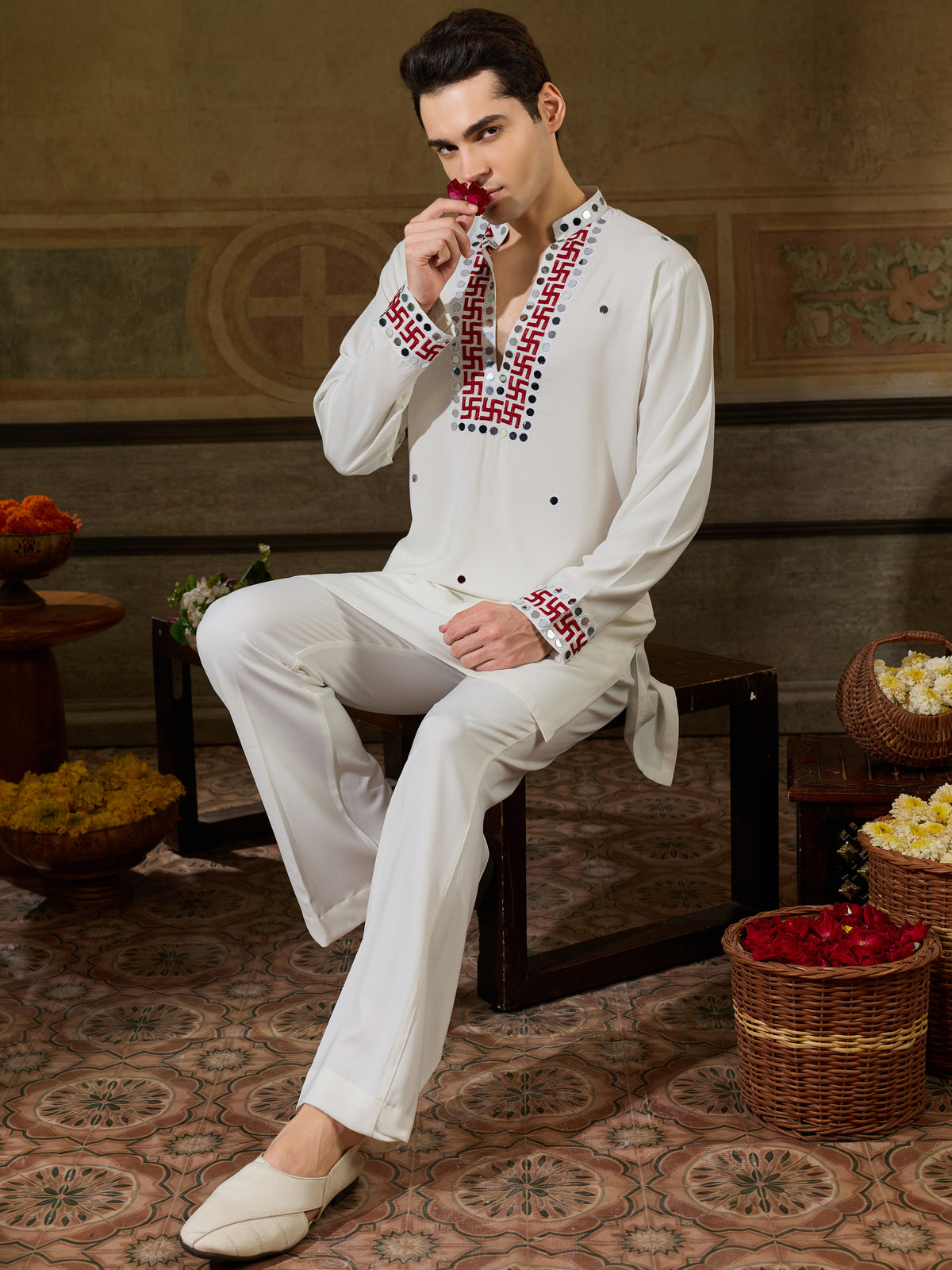 Alluring White Mirror Work Viscose Rayon Navratri Wear Men's Kurta