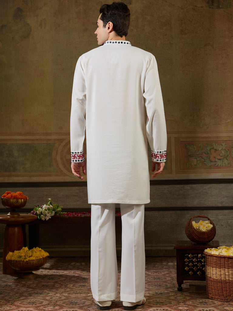Alluring White Mirror Work Viscose Rayon Navratri Wear Men's Kurta