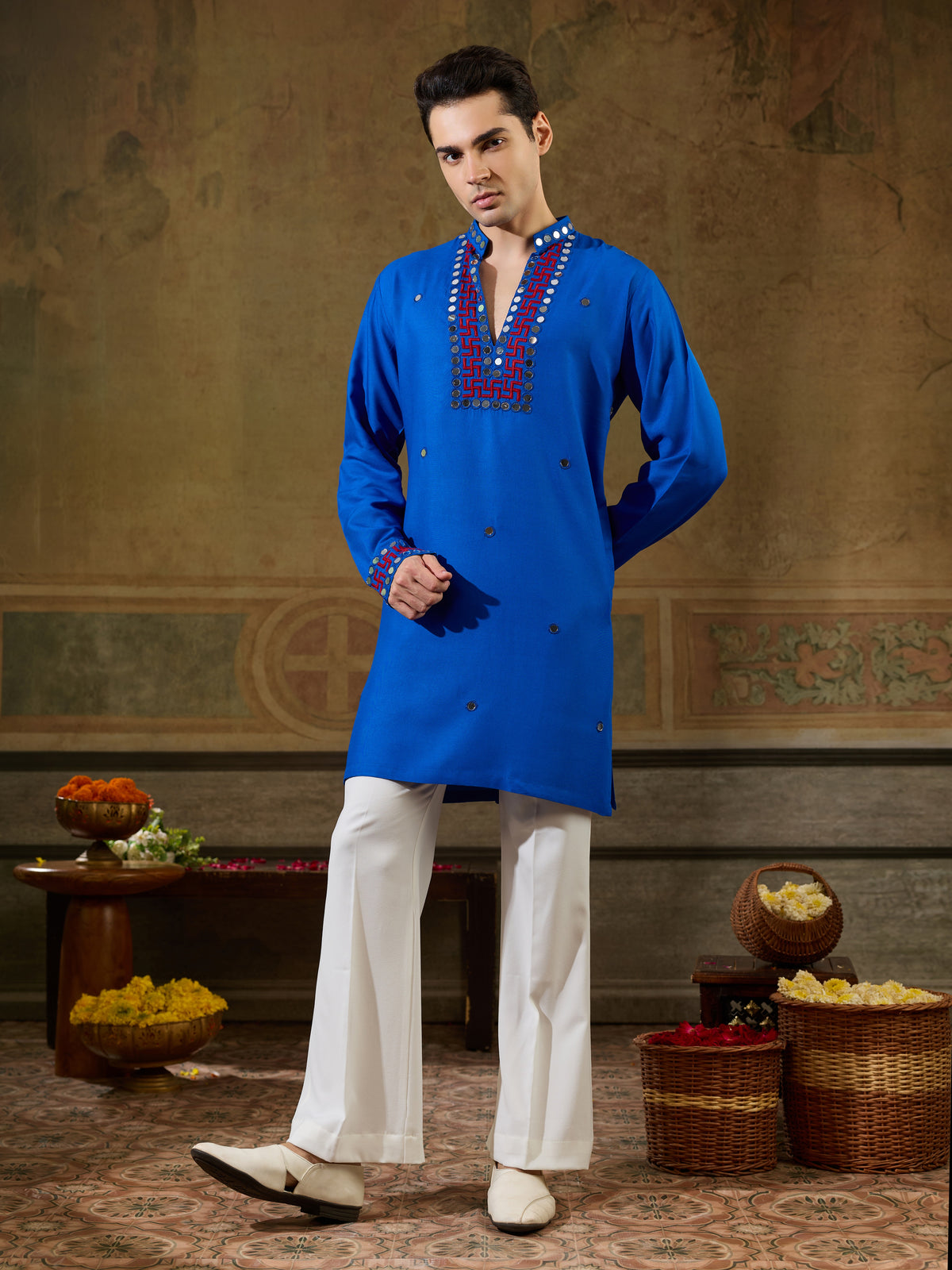 Dazzling Royal Blue Mirror Work Viscose Rayon Navratri Wear Men's Kurta