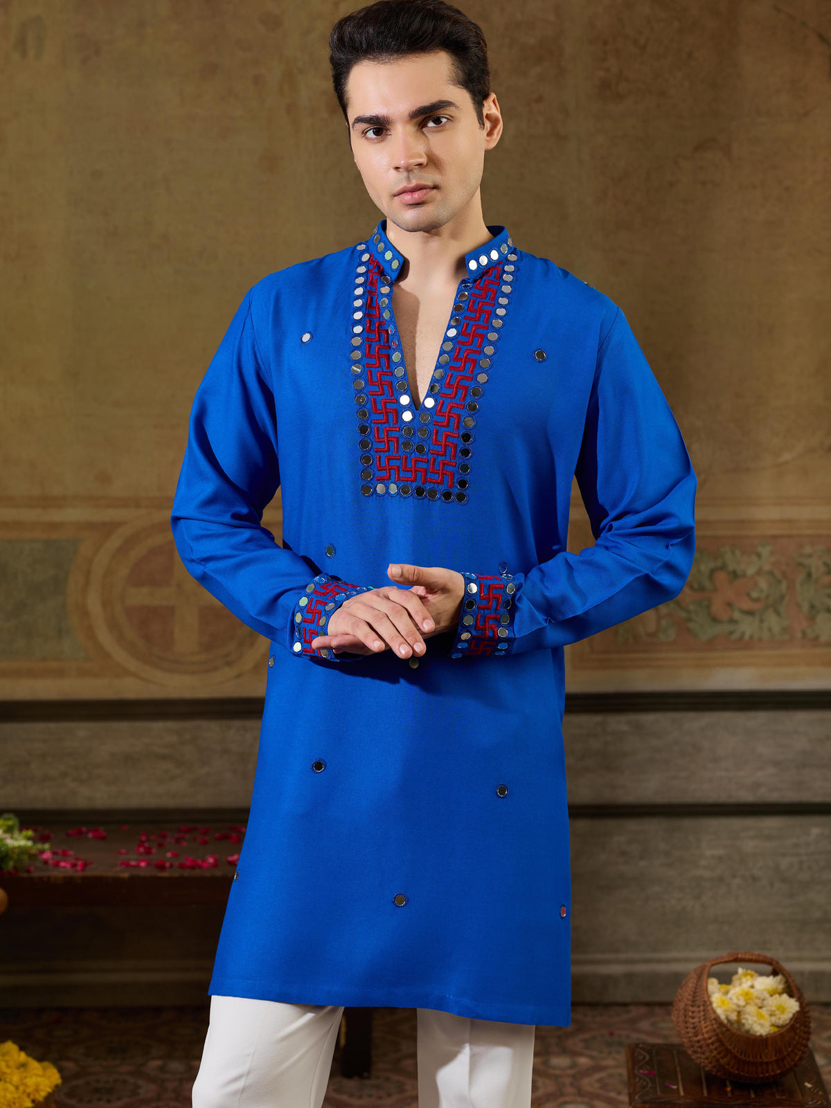 Dazzling Royal Blue Mirror Work Viscose Rayon Navratri Wear Men's Kurta
