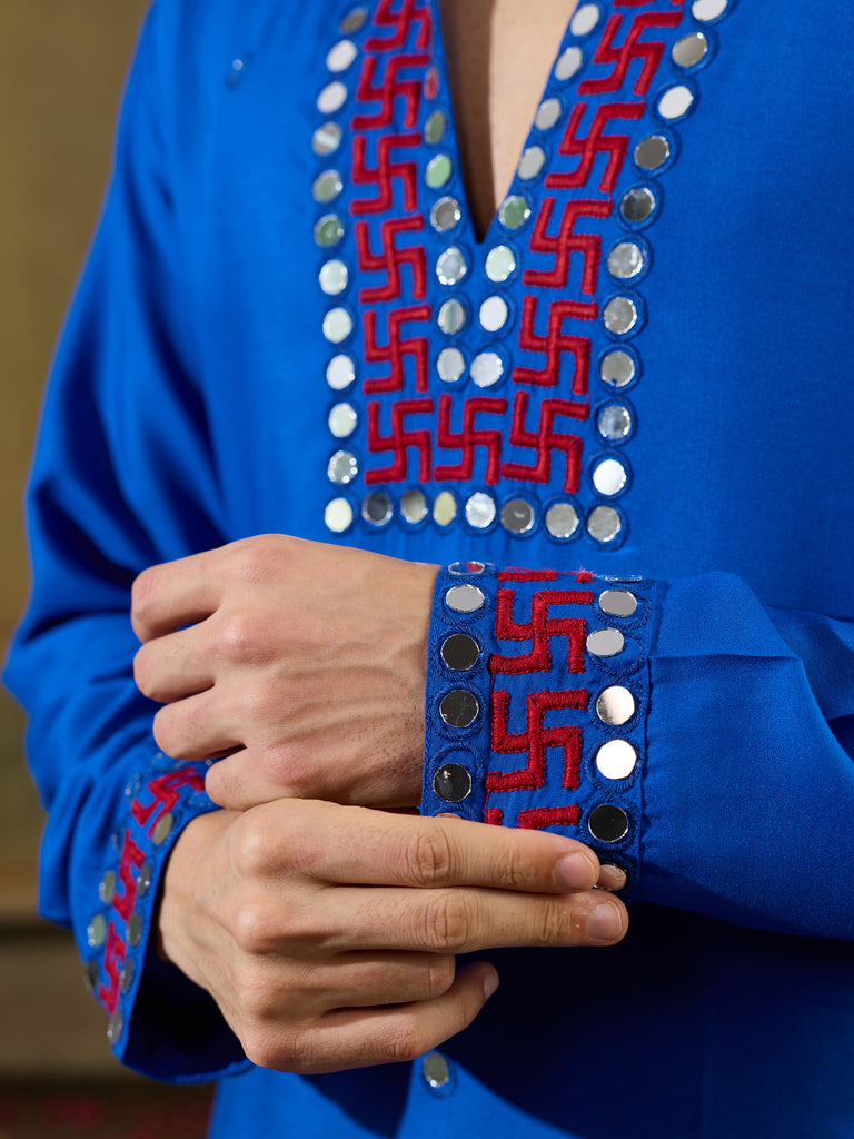 Dazzling Royal Blue Mirror Work Viscose Rayon Navratri Wear Men's Kurta