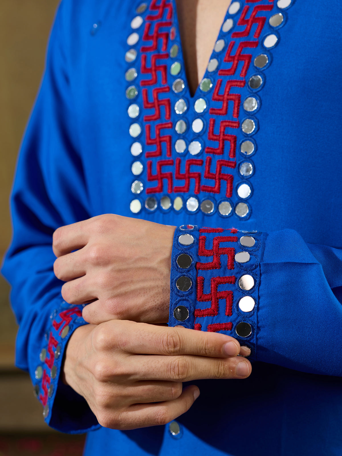 Dazzling Royal Blue Mirror Work Viscose Rayon Navratri Wear Men's Kurta
