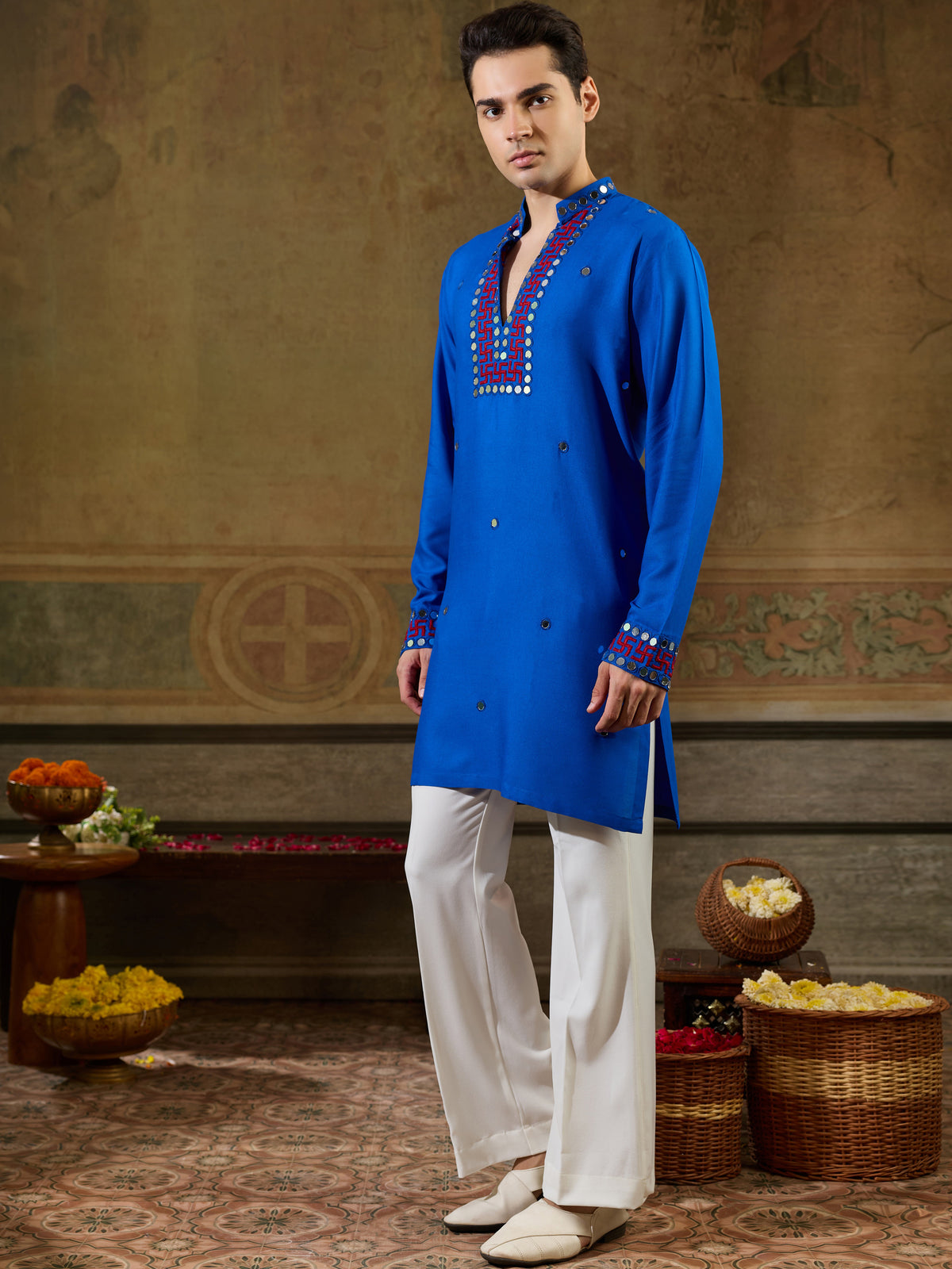 Dazzling Royal Blue Mirror Work Viscose Rayon Navratri Wear Men's Kurta