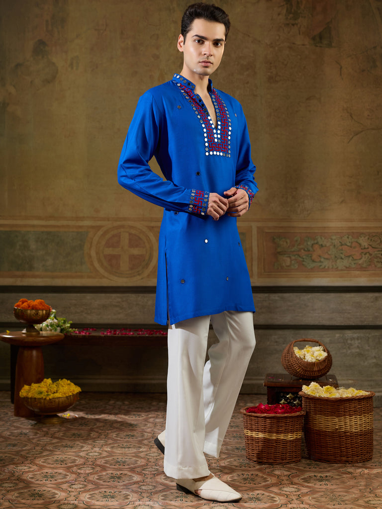 Dazzling Royal Blue Mirror Work Viscose Rayon Navratri Wear Men's Kurta