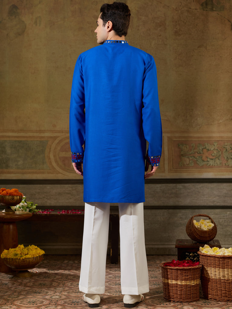 Dazzling Royal Blue Mirror Work Viscose Rayon Navratri Wear Men's Kurta