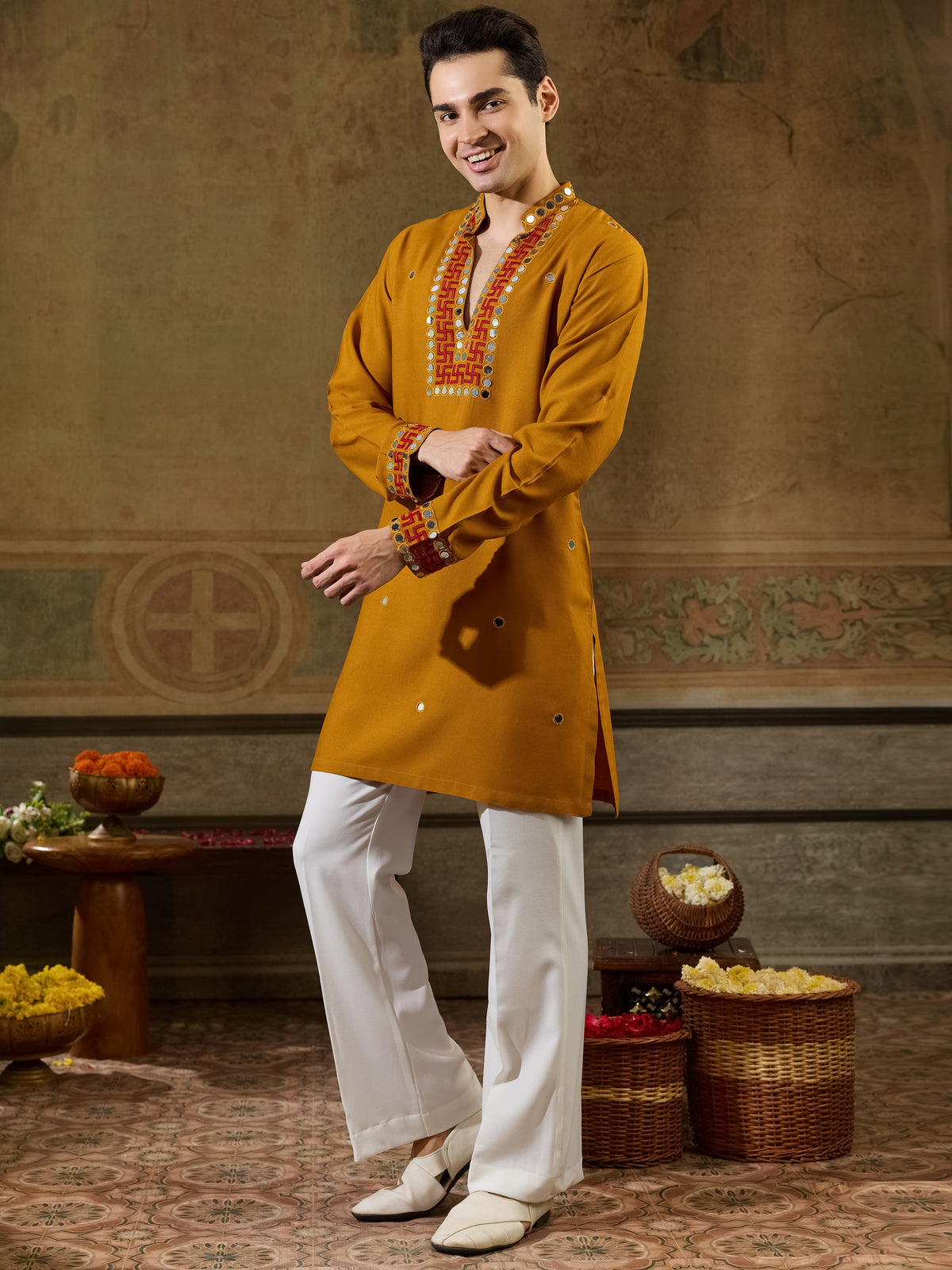 Rich Mustard Yellow Embroidered Viscose Rayon Navratri Special Men's Kurta