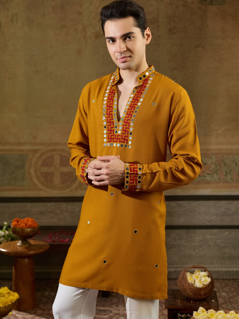 Rich Mustard Yellow Embroidered Viscose Rayon Navratri Special Men's Kurta