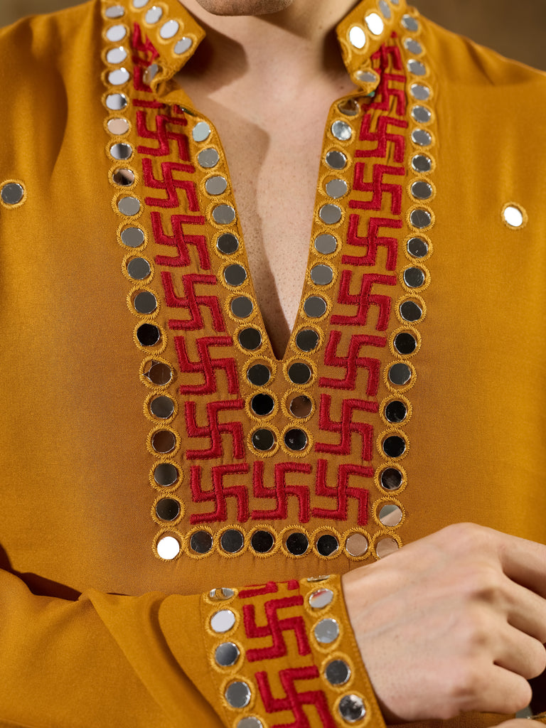 Rich Mustard Yellow Embroidered Viscose Rayon Navratri Special Men's Kurta