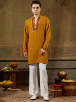 Rich Mustard Yellow Embroidered Viscose Rayon Navratri Special Men's Kurta