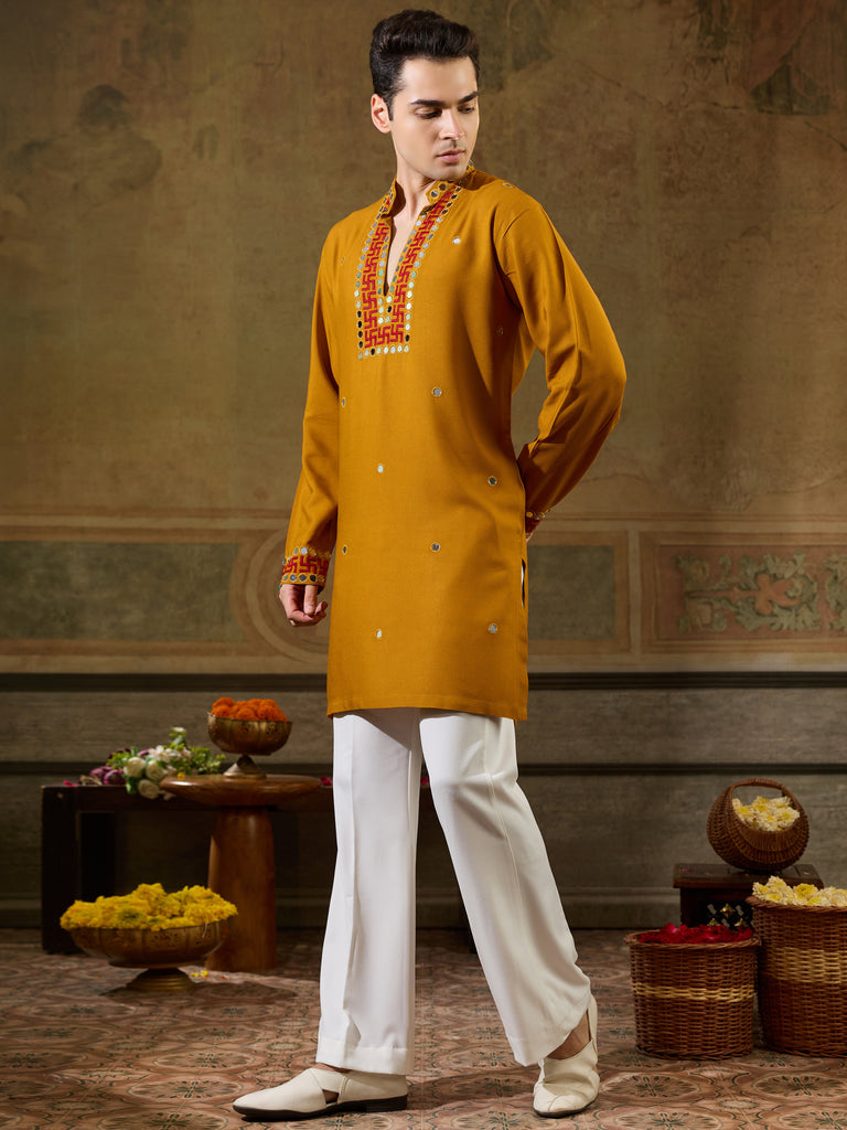 Rich Mustard Yellow Embroidered Viscose Rayon Navratri Special Men's Kurta