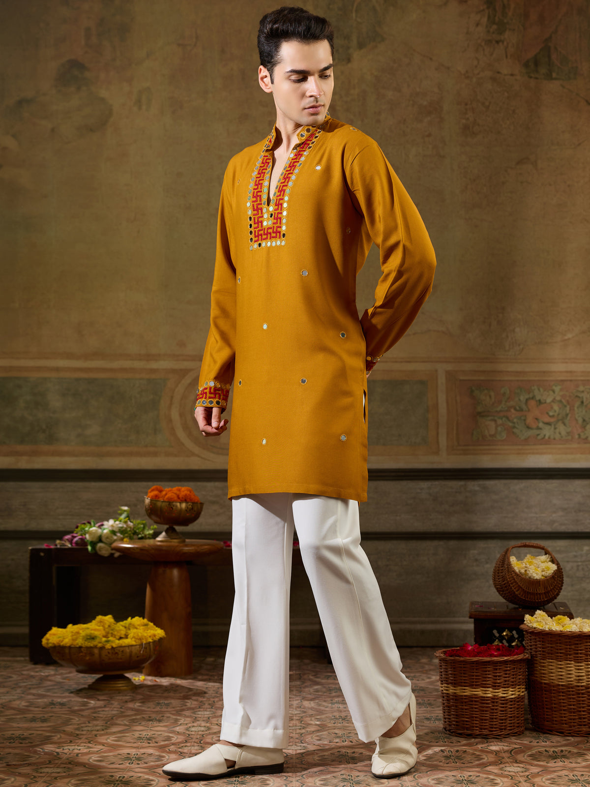 Rich Mustard Yellow Embroidered Viscose Rayon Navratri Special Men's Kurta