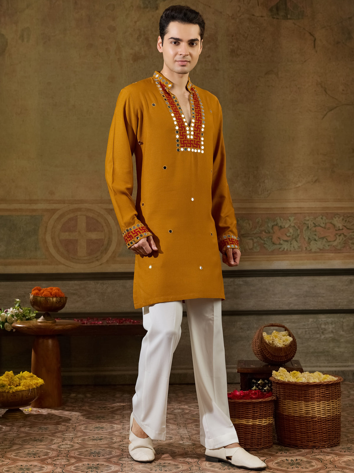 Rich Mustard Yellow Embroidered Viscose Rayon Navratri Special Men's Kurta