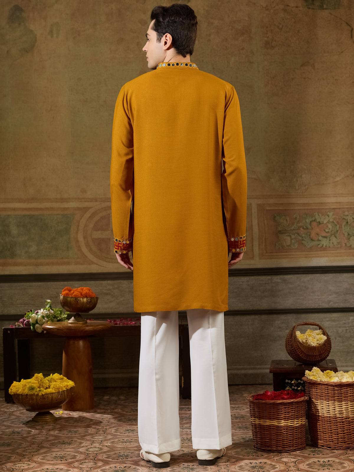 Rich Mustard Yellow Embroidered Viscose Rayon Navratri Special Men's Kurta