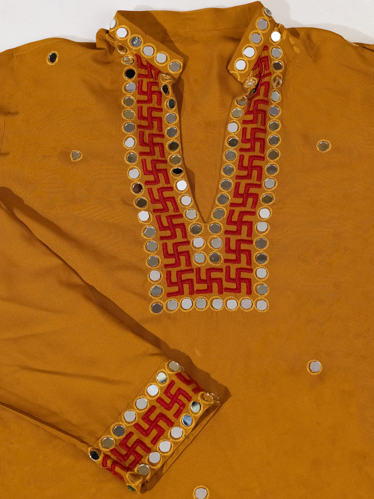 Rich Mustard Yellow Embroidered Viscose Rayon Navratri Special Men's Kurta