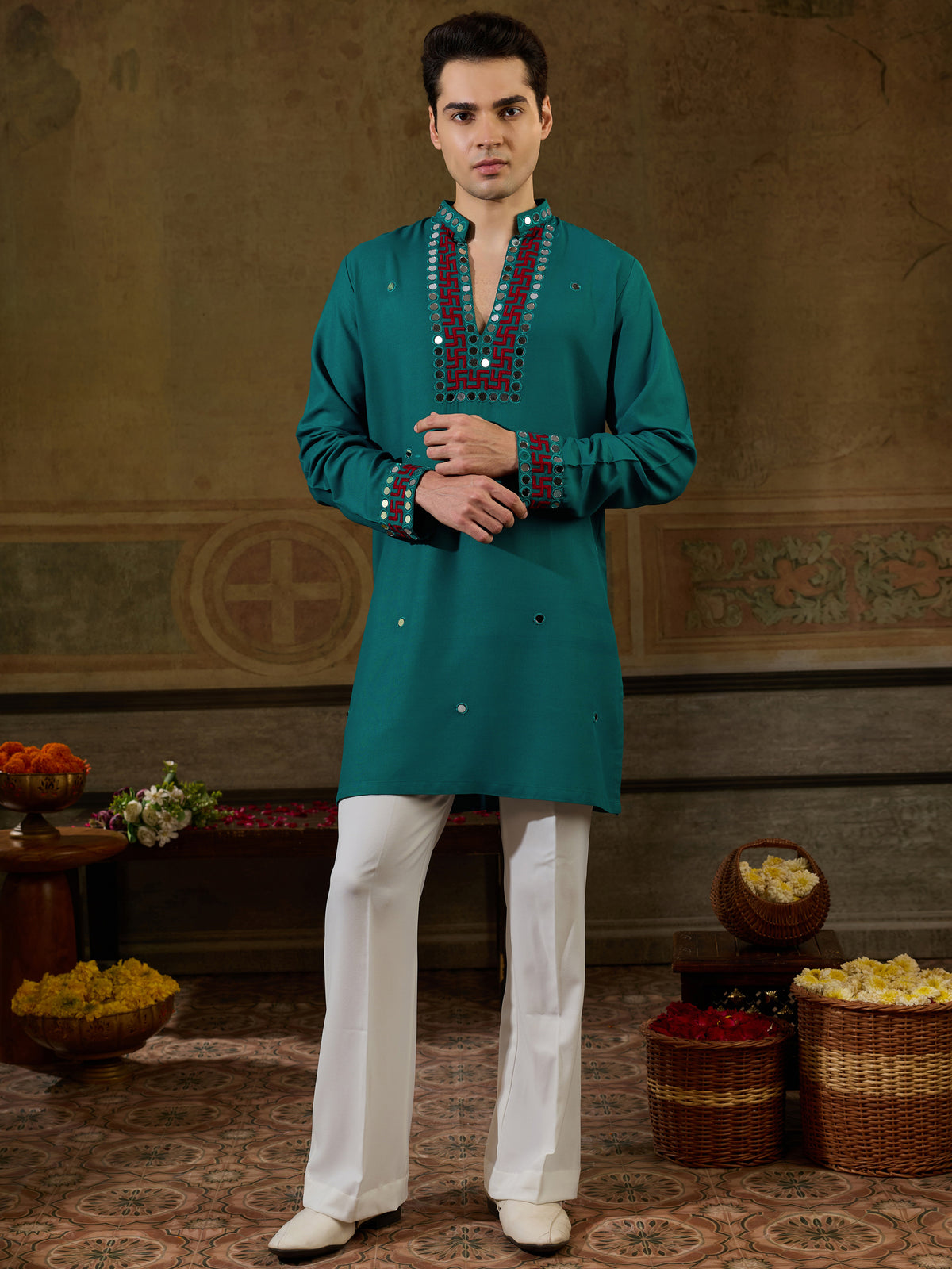 Great Teal Green Thread Work Viscose Rayon Navratri Wear Men's Kurta