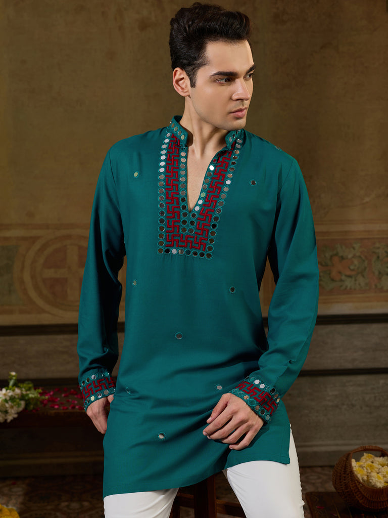 Great Teal Green Thread Work Viscose Rayon Navratri Wear Men's Kurta